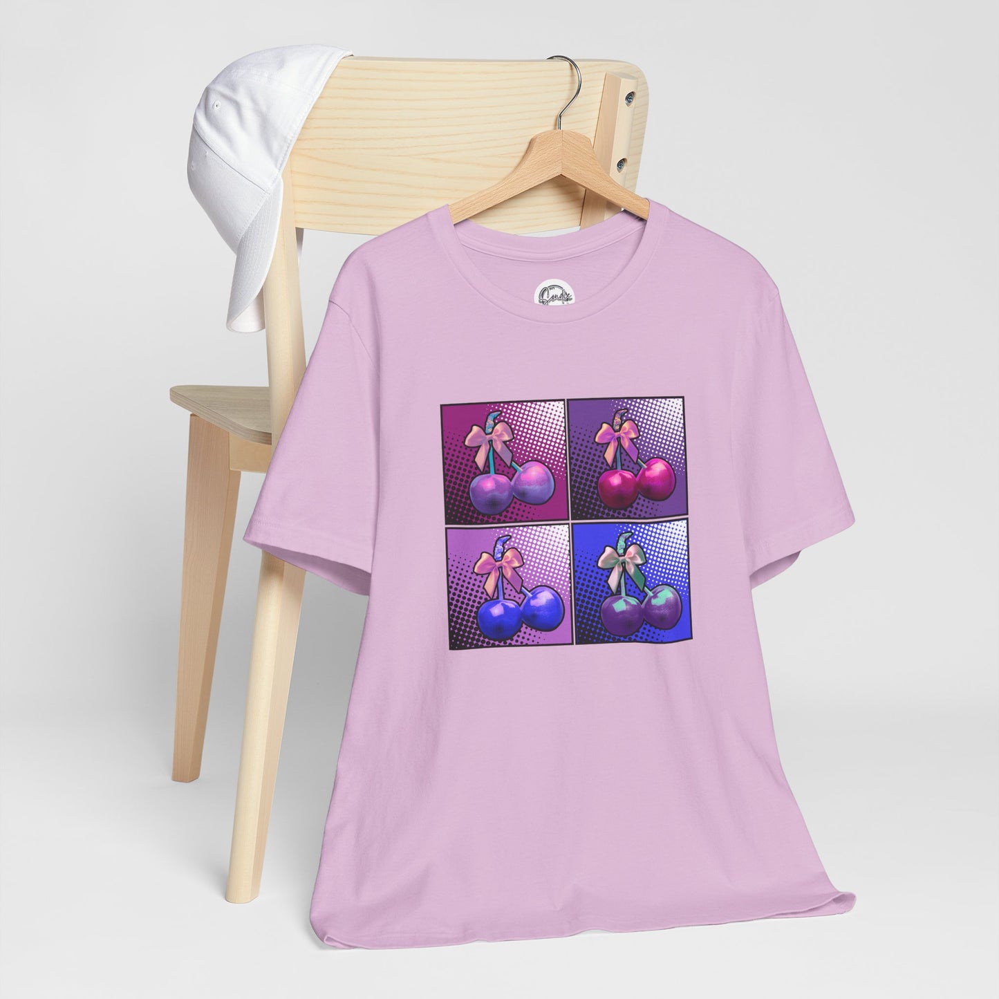 Cherry Bow Shirt, Pop Art Cherry Bow T-shirt, Cherry Tshirt with Bows, Tee in Pinks, Violets and Blues, Valentine's Shirt with Cherries/Bows