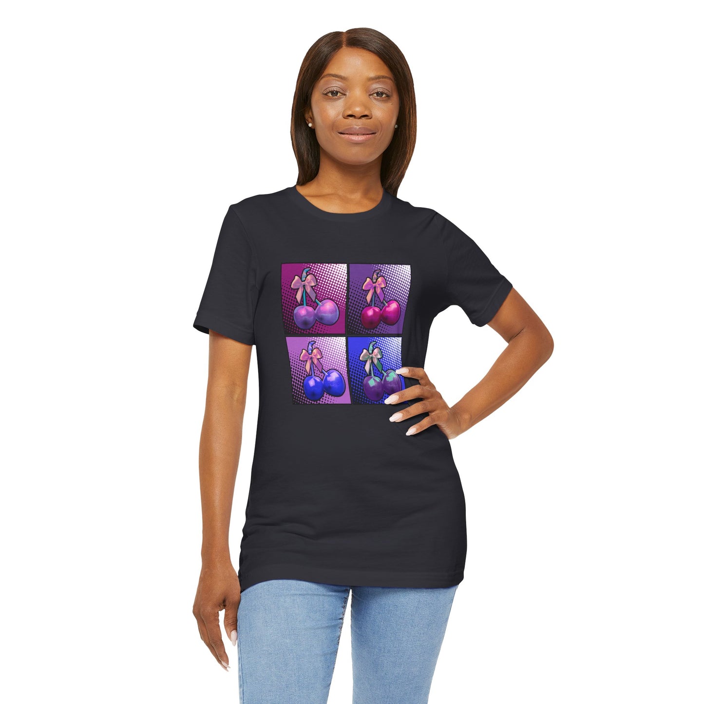 Cherry Bow Shirt, Pop Art Cherry Bow T-shirt, Cherry Tshirt with Bows, Tee in Pinks, Violets and Blues, Valentine's Shirt with Cherries/Bows