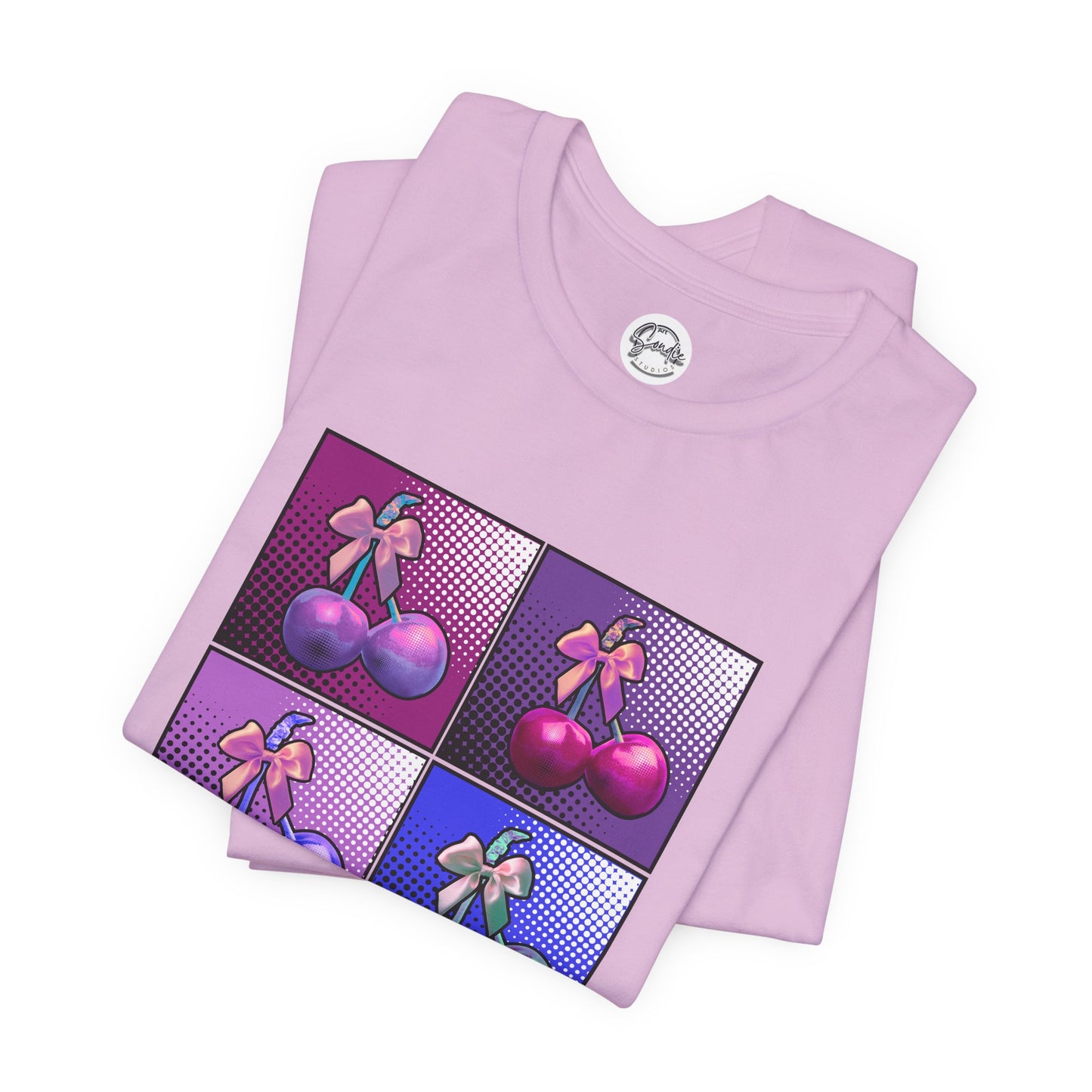 Cherry Bow Shirt, Pop Art Cherry Bow T-shirt, Cherry Tshirt with Bows, Tee in Pinks, Violets and Blues, Valentine's Shirt with Cherries/Bows