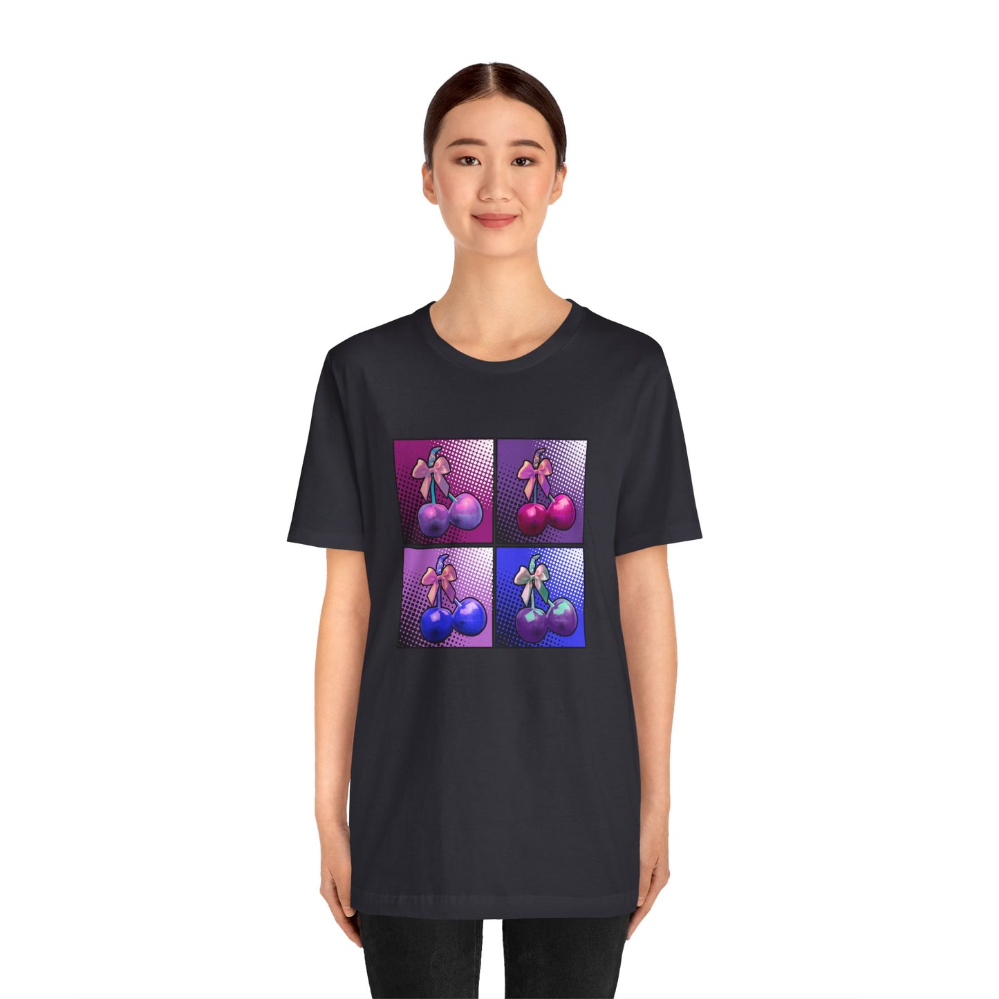 Cherry Bow Shirt, Pop Art Cherry Bow T-shirt, Cherry Tshirt with Bows, Tee in Pinks, Violets and Blues, Valentine's Shirt with Cherries/Bows