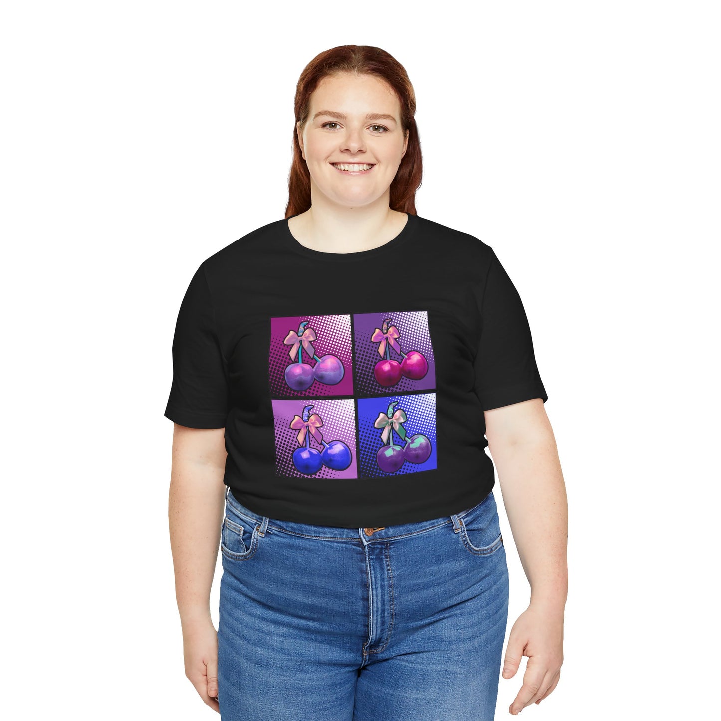 Cherry Bow Shirt, Pop Art Cherry Bow T-shirt, Cherry Tshirt with Bows, Tee in Pinks, Violets and Blues, Valentine's Shirt with Cherries/Bows