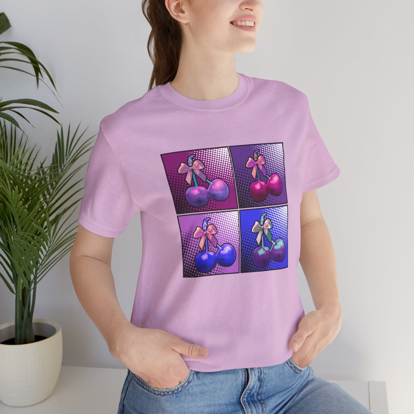 Cherry Bow Shirt, Pop Art Cherry Bow T-shirt, Cherry Tshirt with Bows, Tee in Pinks, Violets and Blues, Valentine's Shirt with Cherries/Bows