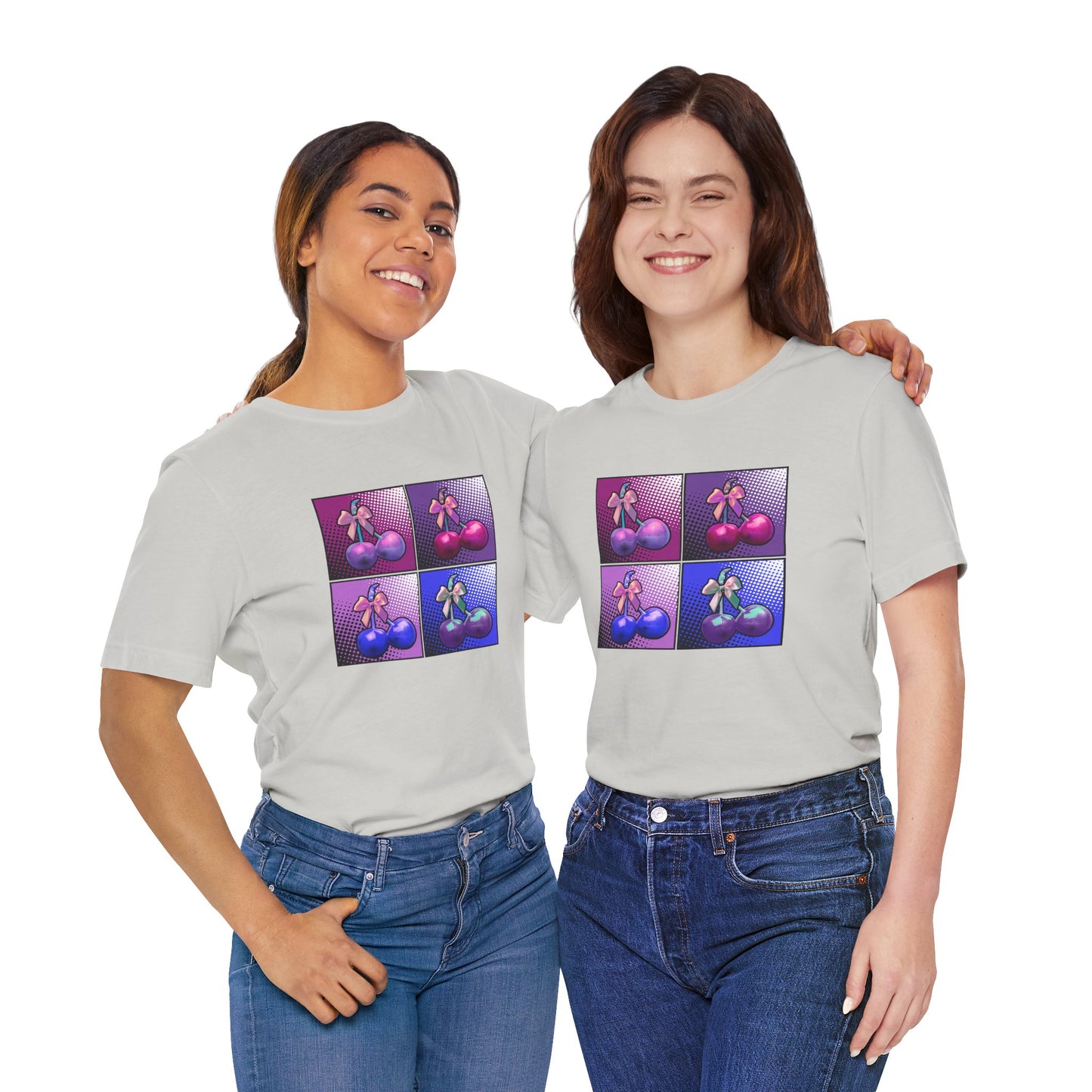 Cherry Bow Shirt, Pop Art Cherry Bow T-shirt, Cherry Tshirt with Bows, Tee in Pinks, Violets and Blues, Valentine's Shirt with Cherries/Bows