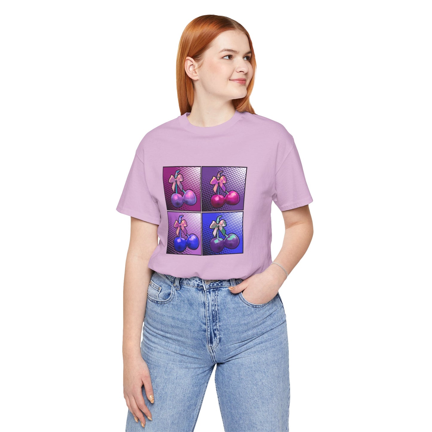 Cherry Bow Shirt, Pop Art Cherry Bow T-shirt, Cherry Tshirt with Bows, Tee in Pinks, Violets and Blues, Valentine's Shirt with Cherries/Bows