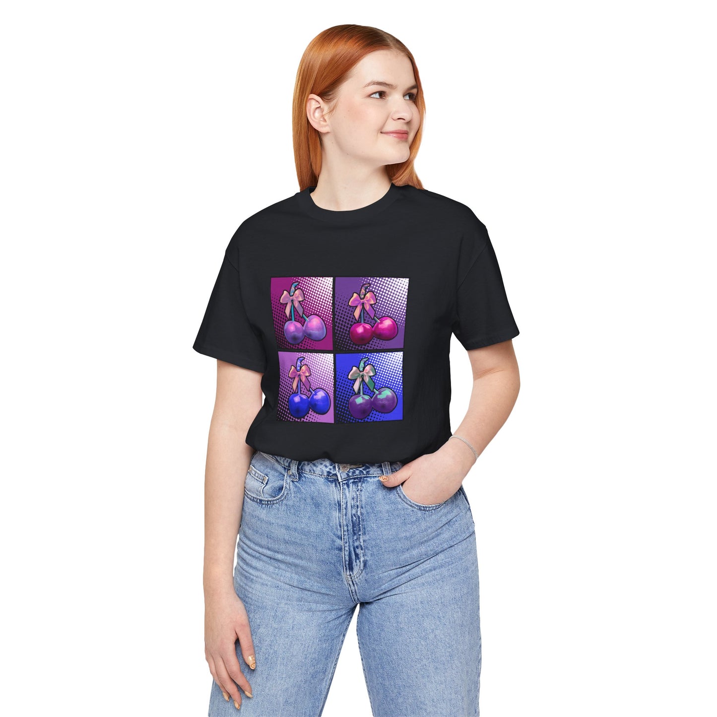 Cherry Bow Shirt, Pop Art Cherry Bow T-shirt, Cherry Tshirt with Bows, Tee in Pinks, Violets and Blues, Valentine's Shirt with Cherries/Bows