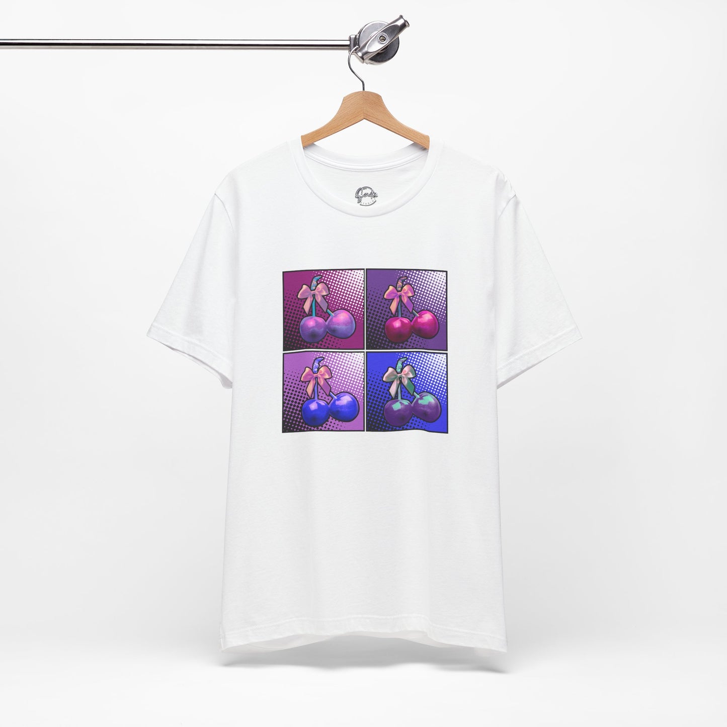 Cherry Bow Shirt, Pop Art Cherry Bow T-shirt, Cherry Tshirt with Bows, Tee in Pinks, Violets and Blues, Valentine's Shirt with Cherries/Bows