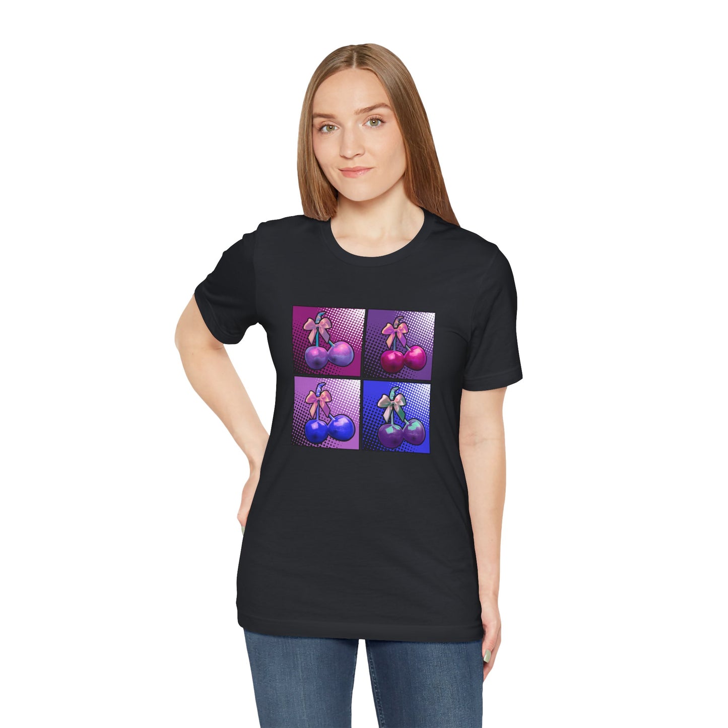 Cherry Bow Shirt, Pop Art Cherry Bow T-shirt, Cherry Tshirt with Bows, Tee in Pinks, Violets and Blues, Valentine's Shirt with Cherries/Bows