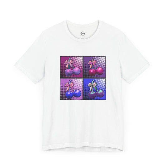 Cherry Bow Shirt, Pop Art Cherry Bow T-shirt, Cherry Tshirt with Bows, Tee in Pinks, Violets and Blues, Valentine's Shirt with Cherries/Bows