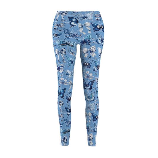 Light Blue Chinoiserie Leggings with Butterflies, Coquettes and Dragonflies, Workout Pants, Stretchy Pants, Yoga Clothes, Gift for Her