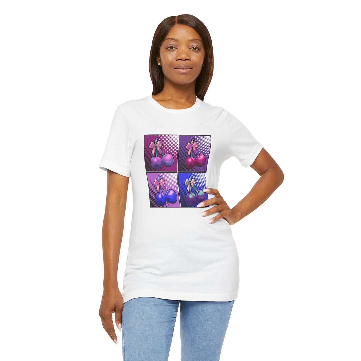 Cherry Bow Shirt, Pop Art Cherry Bow T-shirt, Cherry Tshirt with Bows, Tee in Pinks, Violets and Blues, Valentine's Shirt with Cherries/Bows