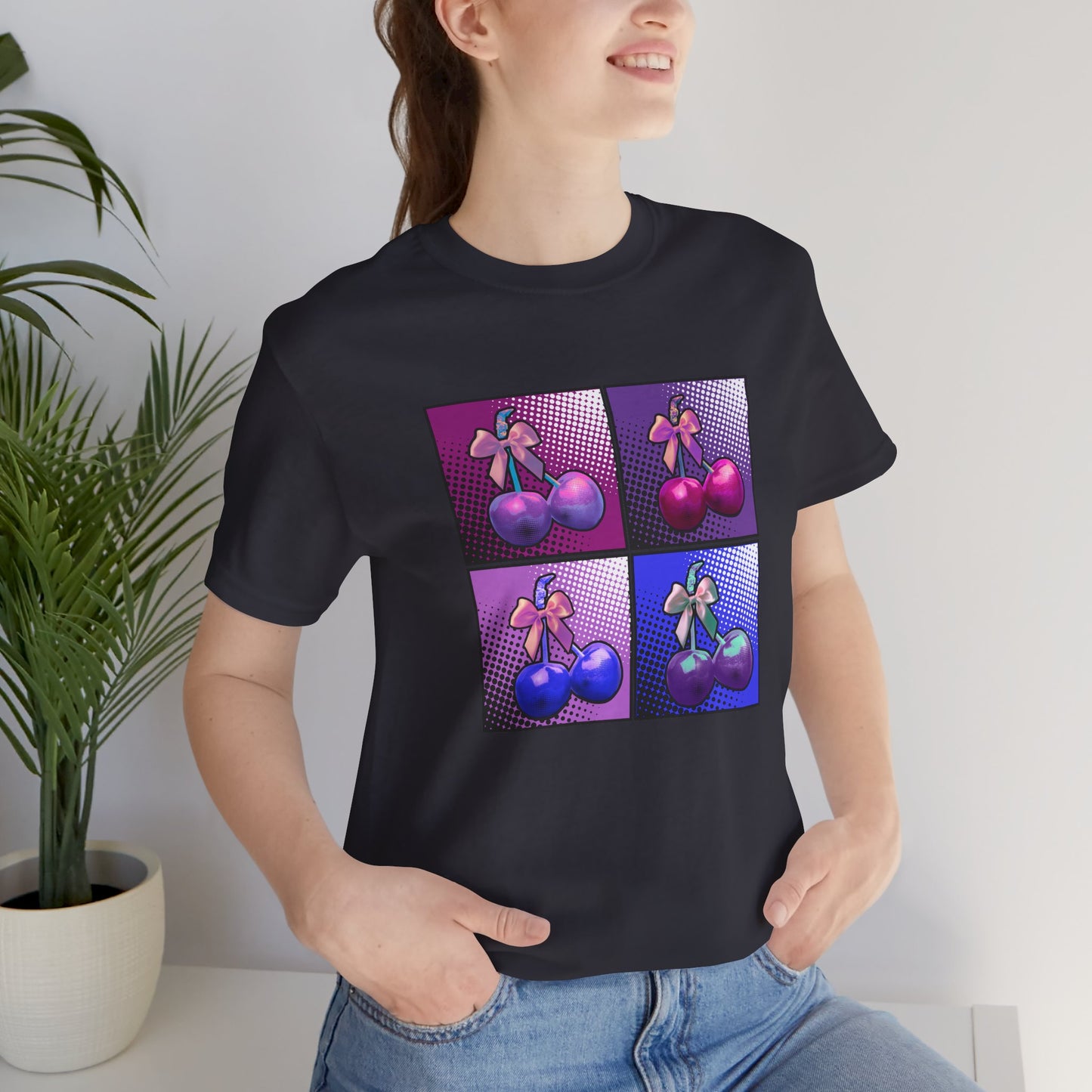 Cherry Bow Shirt, Pop Art Cherry Bow T-shirt, Cherry Tshirt with Bows, Tee in Pinks, Violets and Blues, Valentine's Shirt with Cherries/Bows