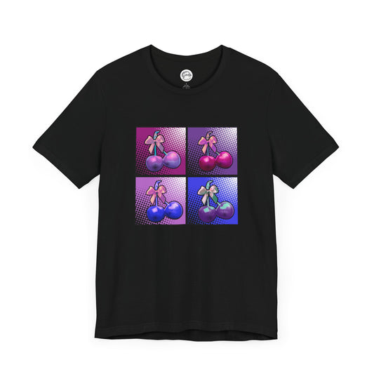 Cherry Bow Shirt, Pop Art Cherry Bow T-shirt, Cherry Tshirt with Bows, Tee in Pinks, Violets and Blues, Valentine's Shirt with Cherries/Bows